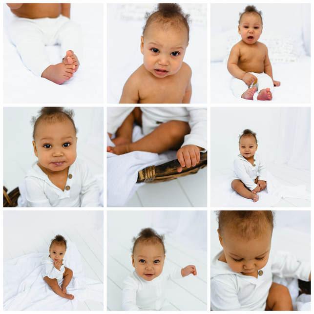 dark skinned 6 month old baby in white outfits with white backgrounds, some happy, some crying, some closeups. photographed in studio in Rochester, Minnesota